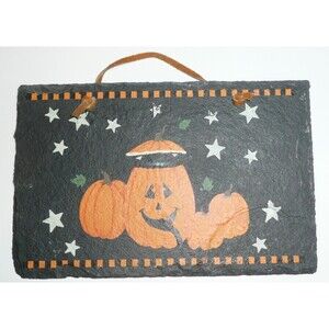 Halloween Hand Painted Slate Plaque Privative Folk Art Pumpkins Black Cat 9"x 6"